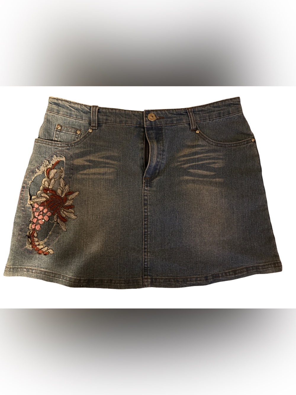 Simple Denim Mini Skirt with Floral Embroidery - Blue